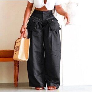 Woman Palazzo Cargo Beggi Pants Tall Large Iridescent Black Wide Leg High Rise